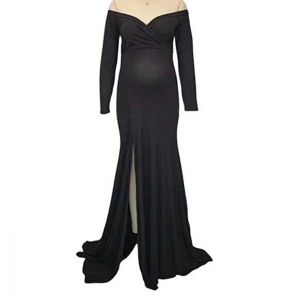 Momyknows Side Slit Off Shoulder Bodycon Maternity Maxi Dress - Picture 4 of 5